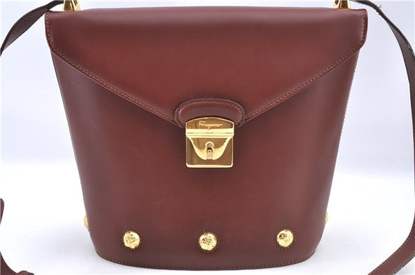 Auth Ferragamo Canvas Leather Shoulder Cross Body Bag Purse Bordeaux Red J0031