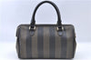 Authentic FENDI Pequin Hand Boston Bag PVC Leather Brown Black J0036