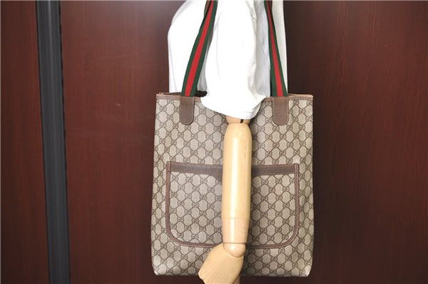 Authentic GUCCI Web Sherry Line Shoulder Tote Bag GG PVC Leather Brown J0039