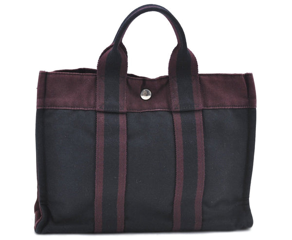 Authentic HERMES Fourre Tout PM Hand Tote Bag Canvas Black Bordeaux J0063