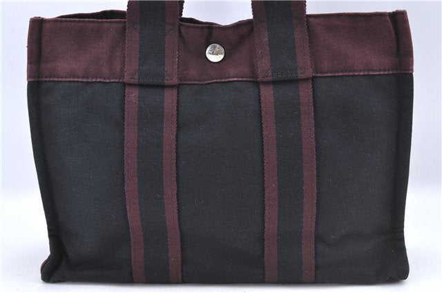 Authentic HERMES Fourre Tout PM Hand Tote Bag Canvas Black Bordeaux J0063