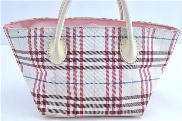 Authentic BURBERRY BLUE LABEL Check Hand Tote Bag Nylon Leather White Pink J0072