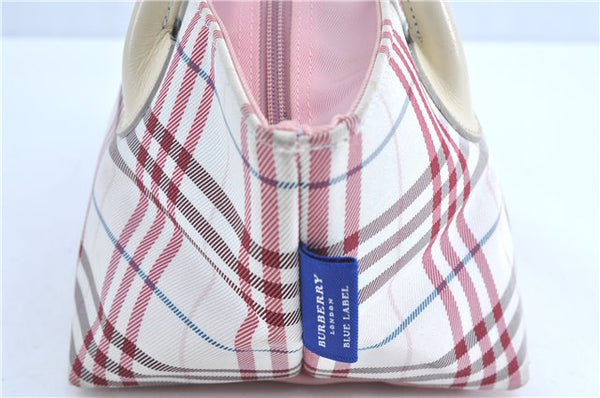 Authentic BURBERRY BLUE LABEL Check Hand Tote Bag Nylon Leather White Pink J0072