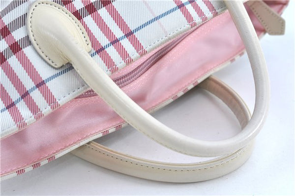 Authentic BURBERRY BLUE LABEL Check Hand Tote Bag Nylon Leather White Pink J0072