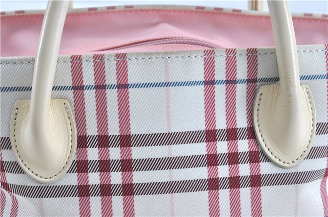 Authentic BURBERRY BLUE LABEL Check Hand Tote Bag Nylon Leather White Pink J0072