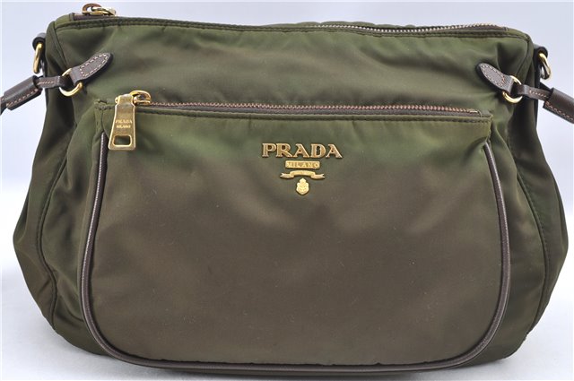 Authentic PRADA Nylon Leather Shoulder Cross Body Bag Purse Khaki Green J0088