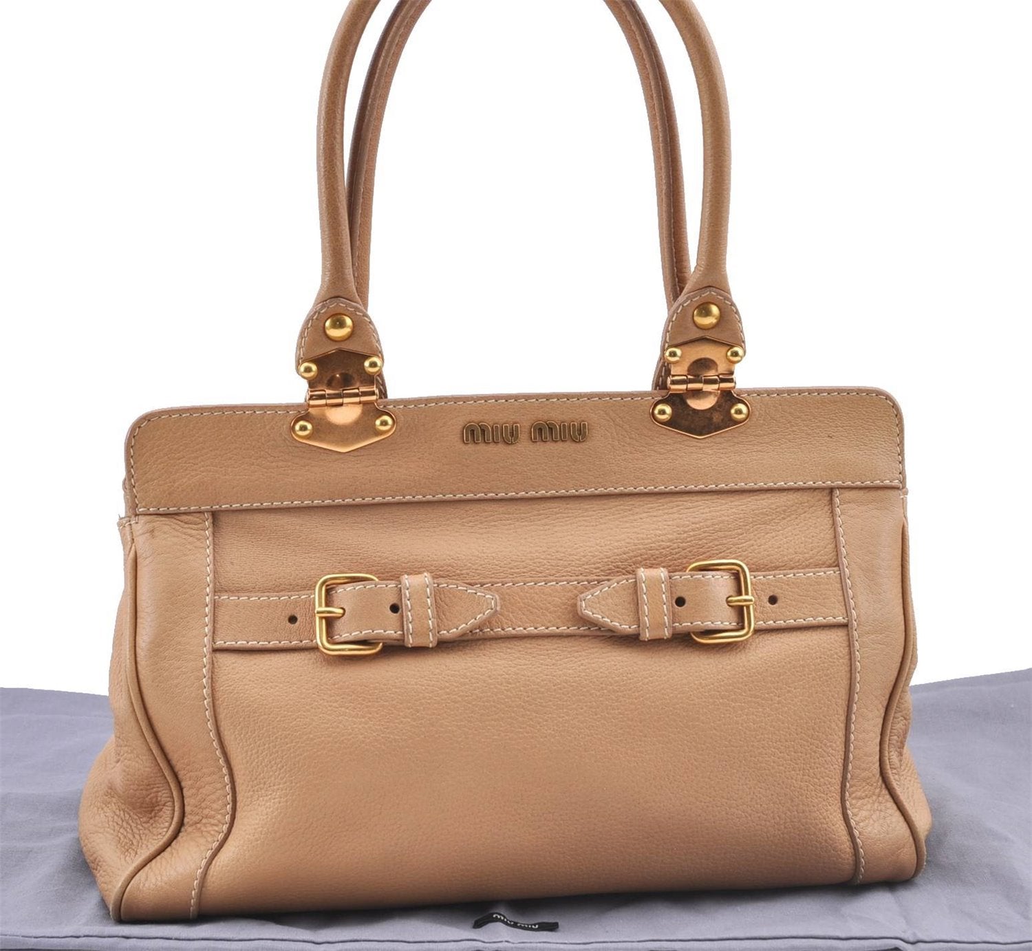 Authentic MIU MIU Leather Shoulder Tote Bag Beige J0095