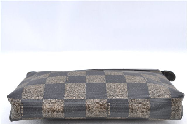 Authentic FENDI Check Clutch Bag Purse PVC Leather Brown Black J0105