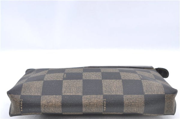 Authentic FENDI Check Clutch Bag Purse PVC Leather Brown Black J0105