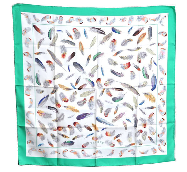 Authentic HERMES Carre 90 Scarf "PLUMES" Silk Green PB J0107