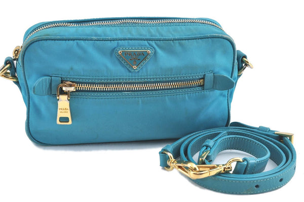 Authentic PRADA Nylon Leather Shoulder Cross Body Bag Purse Blue J0128