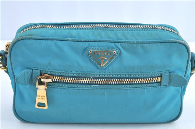 Authentic PRADA Nylon Leather Shoulder Cross Body Bag Purse Blue J0128