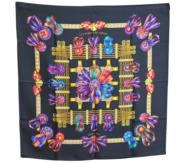 Authentic HERMES Carre 90 Scarf "LES RUBANS DU CHEVAL" Silk Black J0146