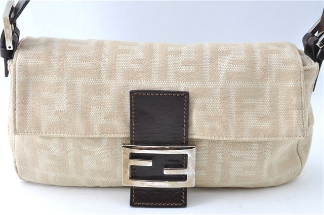 Auth FENDI Mamma Baguette Shoulder Hand Bag Canvas Leather Ivory Beige J0167