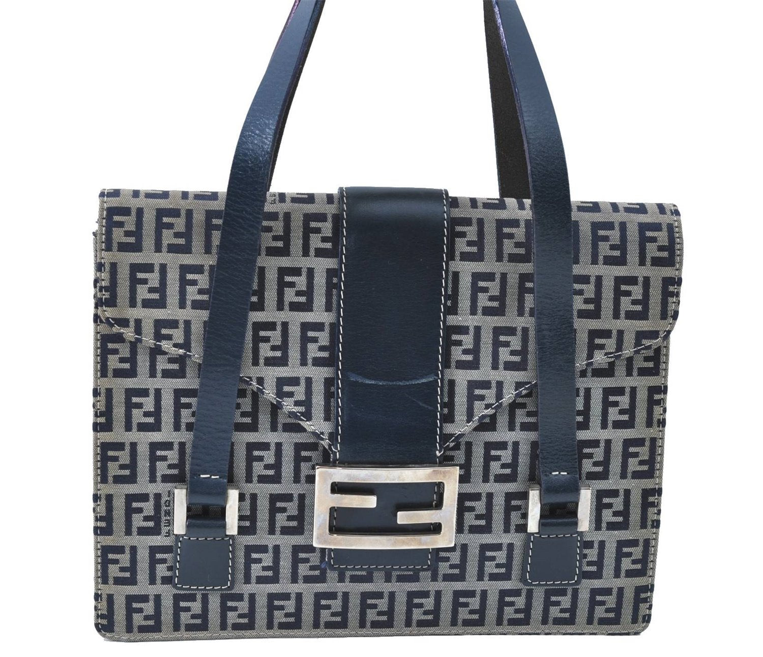 Authentic FENDI Zucchino Hand Bag Canvas Leather Navy Blue J0179