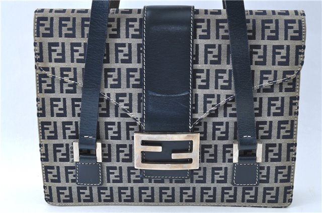 Authentic FENDI Zucchino Hand Bag Canvas Leather Navy Blue J0179