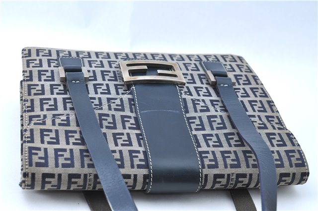 Authentic FENDI Zucchino Hand Bag Canvas Leather Navy Blue J0179