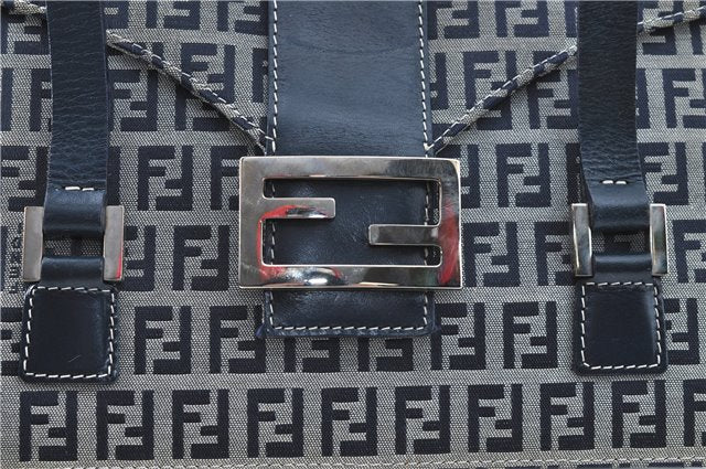 Authentic FENDI Zucchino Hand Bag Canvas Leather Navy Blue J0179