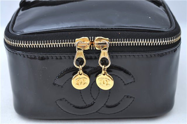 Authentic CHANEL Vanity Cosmetic Hand Bag Enamel Black CC J0196