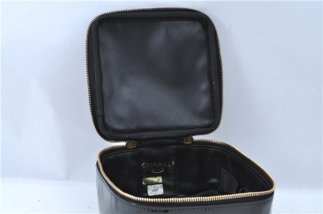 Authentic CHANEL Vanity Cosmetic Hand Bag Enamel Black CC J0196
