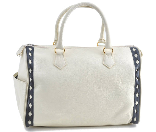 Authentic YVES SAINT LAURENT Hand Boston Bag Leather White J0222