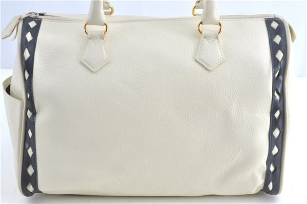 Authentic YVES SAINT LAURENT Hand Boston Bag Leather White J0222