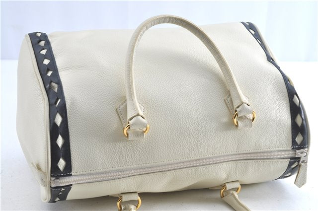 Authentic YVES SAINT LAURENT Hand Boston Bag Leather White J0222