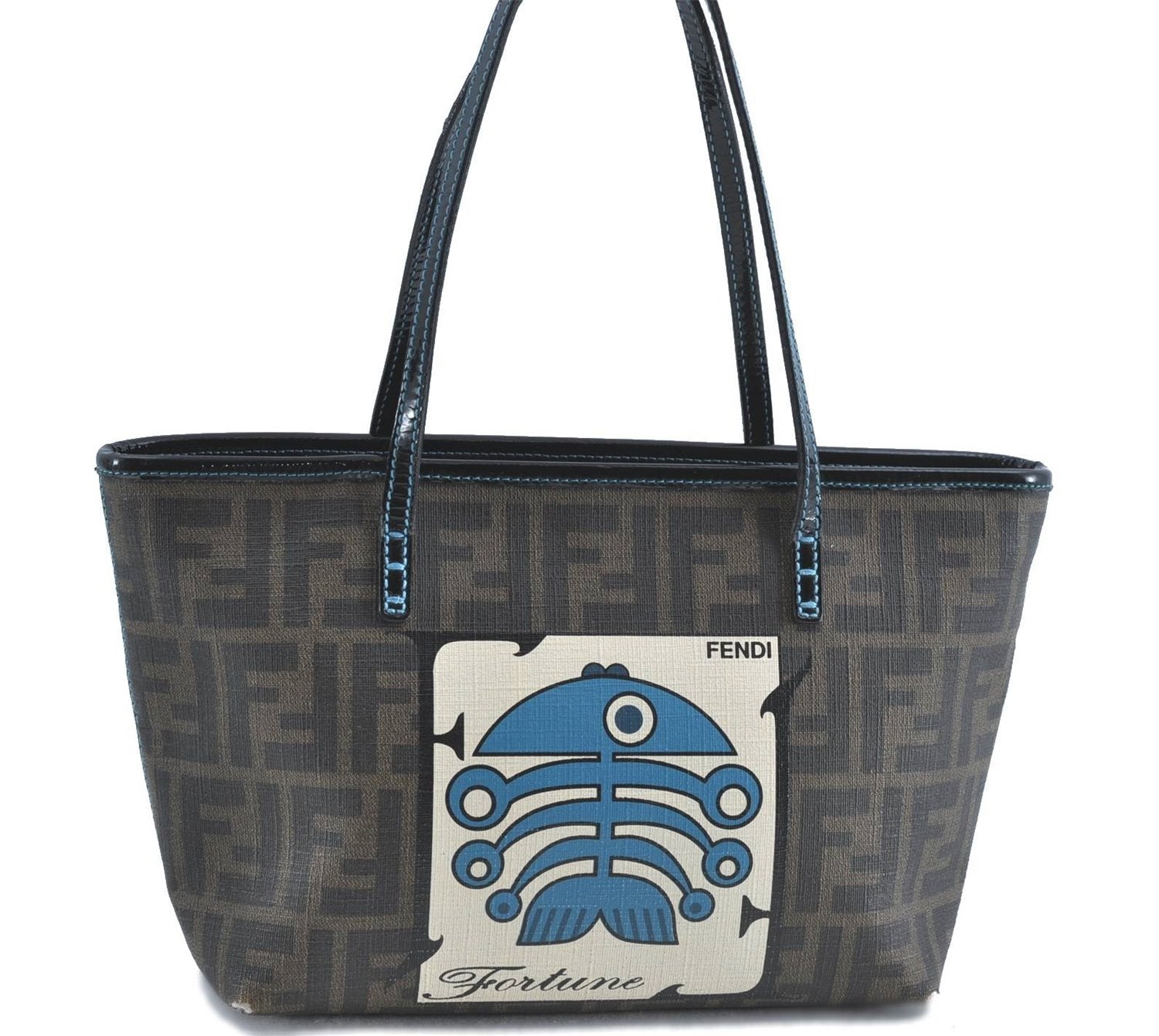 Authentic FENDI Zucca Hand Tote Bag Purse PVC Enamel Brown Black J0242
