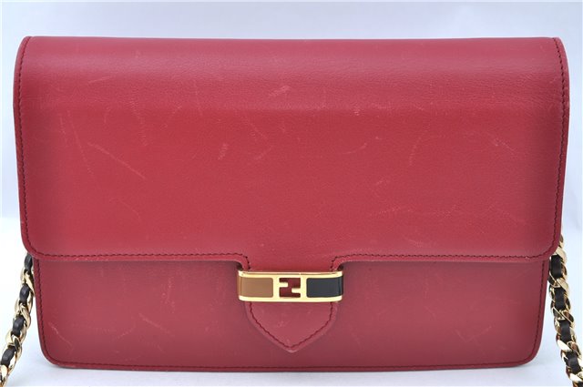 Authentic FENDI Chain Shoulder Cross Body Bag Purse Leather Red J0348