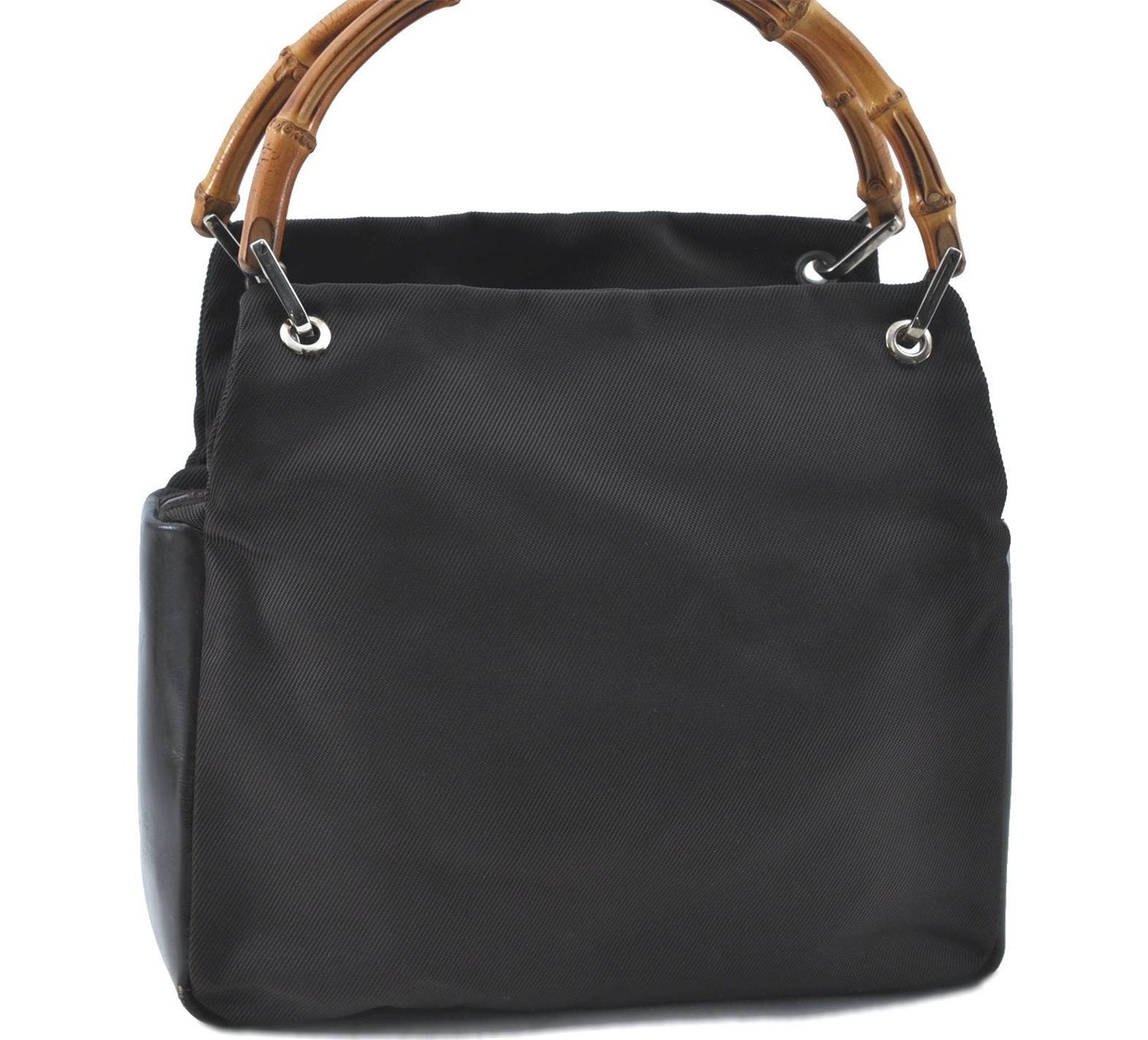 Authentic GUCCI Bamboo Hand Bag Purse Nylon Leather Brown J0375