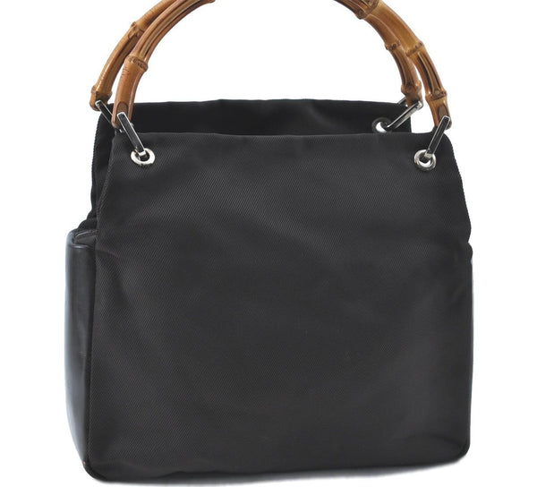 Authentic GUCCI Bamboo Hand Bag Purse Nylon Leather Brown J0375