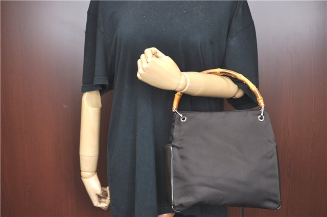 Authentic GUCCI Bamboo Hand Bag Purse Nylon Leather Brown J0375