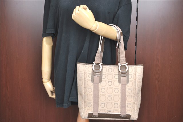 Authentic Ferragamo Gancini Canvas Leather Shoulder Tote Bag Beige Brown J0378