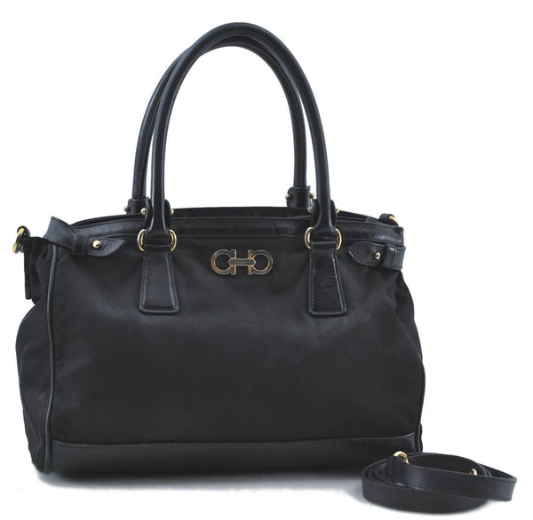 Authentic Ferragamo Gancini Nylon Leather 2Way Shoulder Tote Bag Black J0381