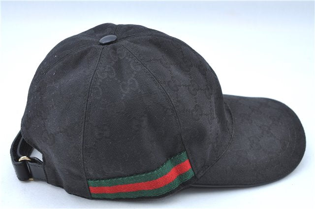 Authentic GUCCI Web Sherry Line Cap GG Canvas Leather Size M 200035 Black J0410