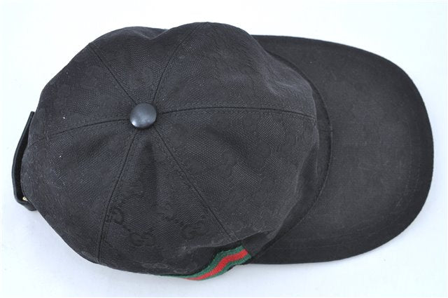 Authentic GUCCI Web Sherry Line Cap GG Canvas Leather Size M 200035 Black J0410