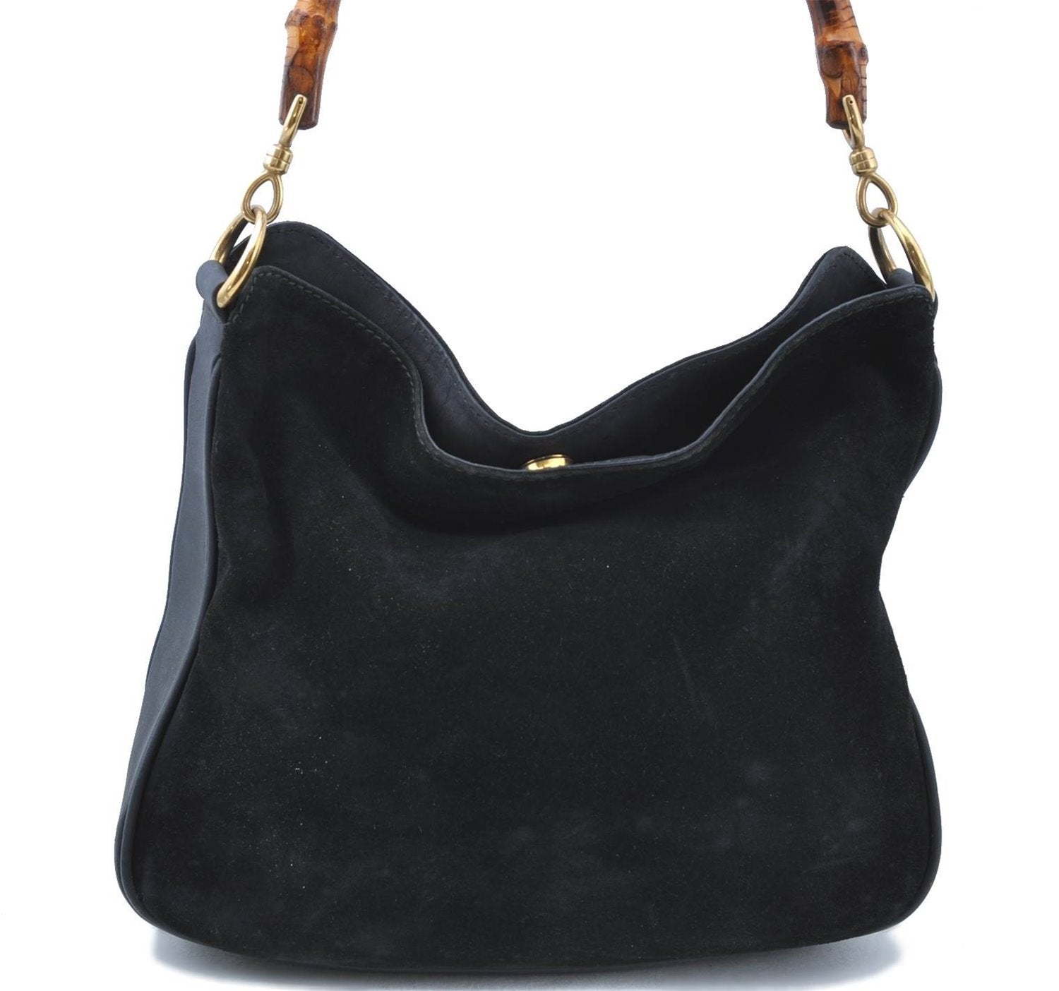 Authentic GUCCI Bamboo Shoulder Bag Suede Leather Brown Black J0426