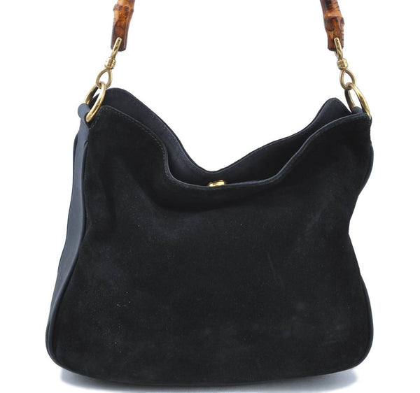 Authentic GUCCI Bamboo Shoulder Bag Suede Leather Brown Black J0426
