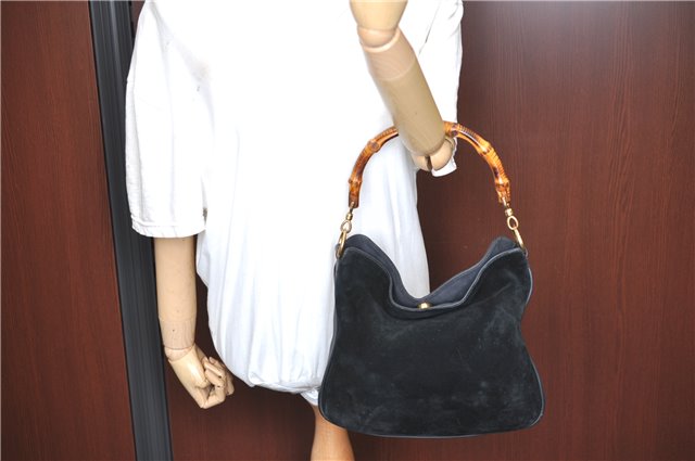 Authentic GUCCI Bamboo Shoulder Bag Suede Leather Brown Black J0426