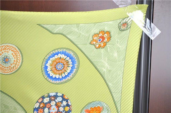 Authentic HERMES Pleats Scarf Flower Motif Silk Light Green Box J0454