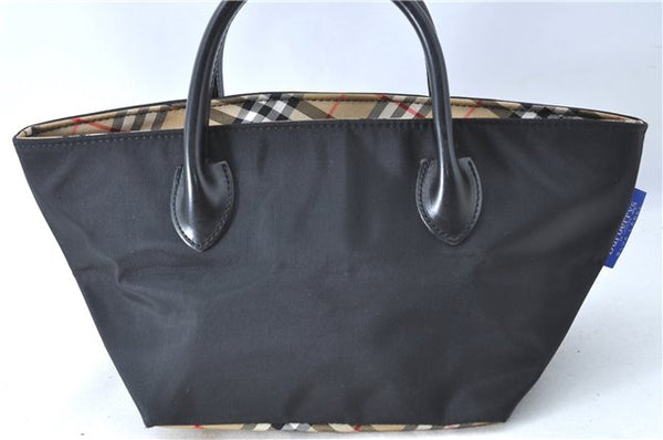 Authentic Burberrys BLUE LABEL Check Hand Bag Purse Nylon Leather Black J0459