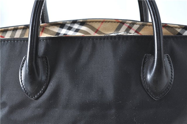 Authentic Burberrys BLUE LABEL Check Hand Bag Purse Nylon Leather Black J0459