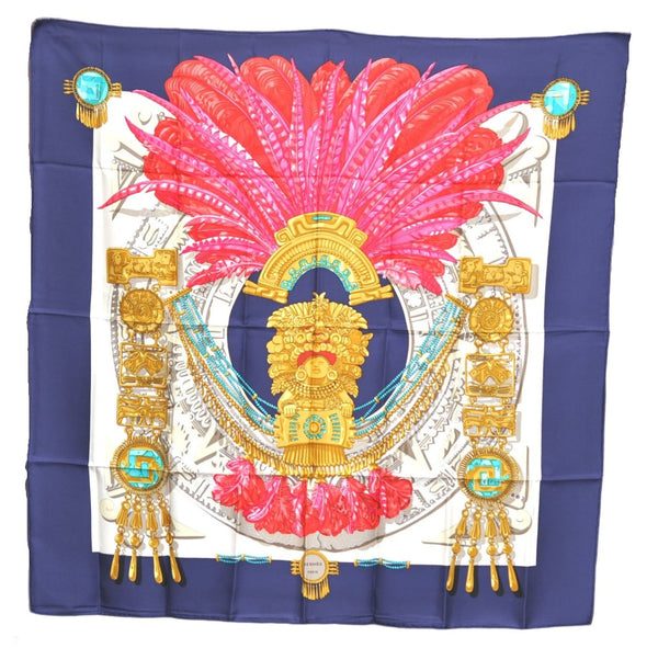 Authentic HERMES Carre 90 Scarf Buddhist statue Motif Silk Navy Blue PB J0463