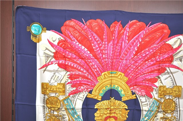 Authentic HERMES Carre 90 Scarf Buddhist statue Motif Silk Navy Blue PB J0463