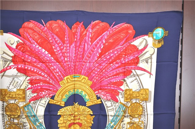 Authentic HERMES Carre 90 Scarf Buddhist statue Motif Silk Navy Blue PB J0463