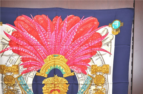 Authentic HERMES Carre 90 Scarf Buddhist statue Motif Silk Navy Blue PB J0463
