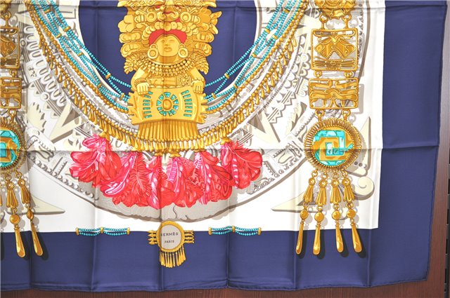 Authentic HERMES Carre 90 Scarf Buddhist statue Motif Silk Navy Blue PB J0463