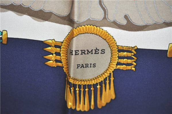Authentic HERMES Carre 90 Scarf Buddhist statue Motif Silk Navy Blue PB J0463