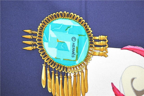 Authentic HERMES Carre 90 Scarf Buddhist statue Motif Silk Navy Blue PB J0463