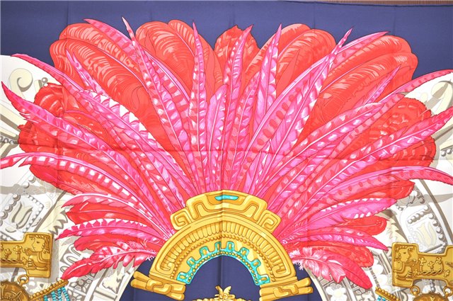 Authentic HERMES Carre 90 Scarf Buddhist statue Motif Silk Navy Blue PB J0463